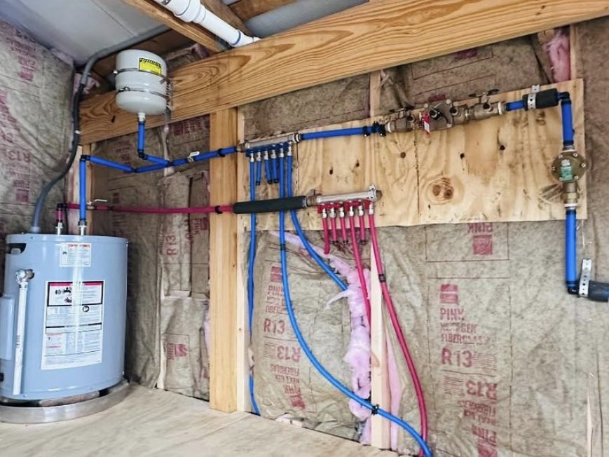 PEX water distribution manifold with hot and cold supply lines feeding a water heater in a new mechanical room with insulated framing